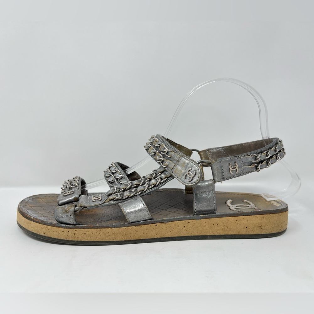 SOLD// Chanel Silver Metallic Chain Dad Sandals CC Logo Leather 40C 40 9 9.5 - Picture 2 of 14
